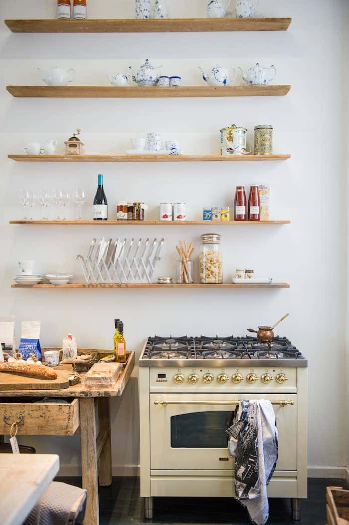 Kitchen with open, wooden shelves