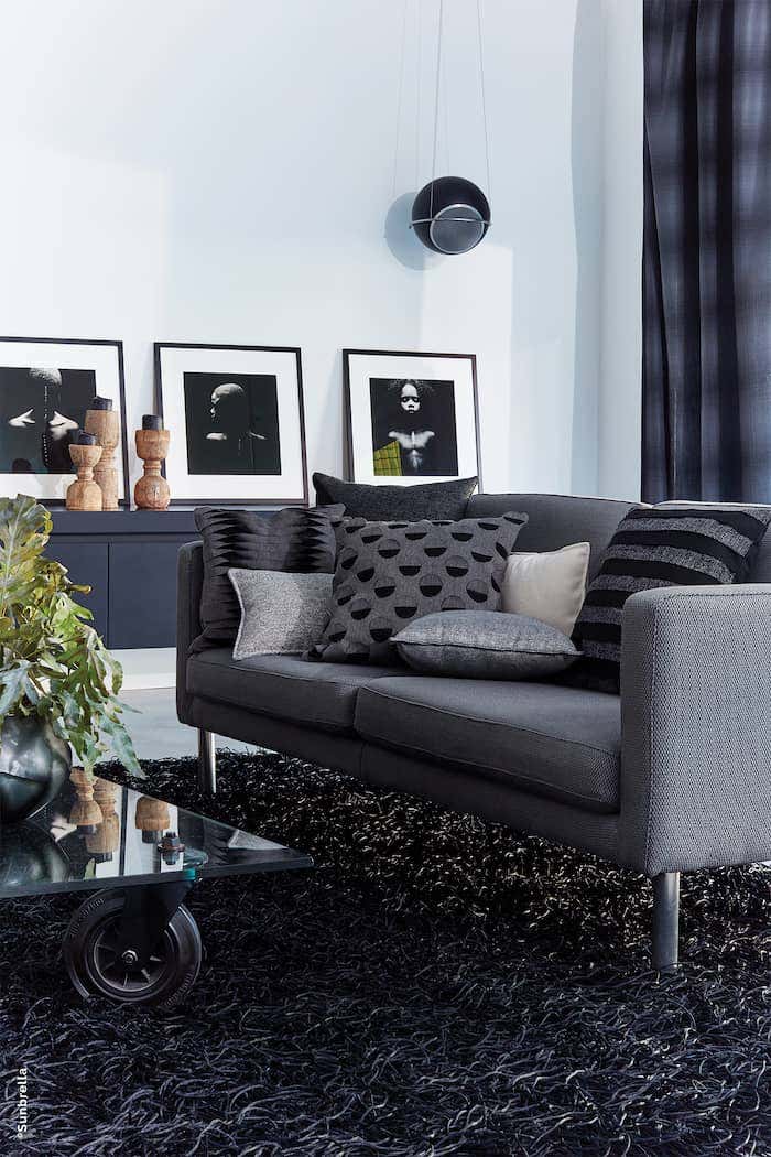 Sunbrella fabrics can help bring texture and visual interest to black and white interior design.