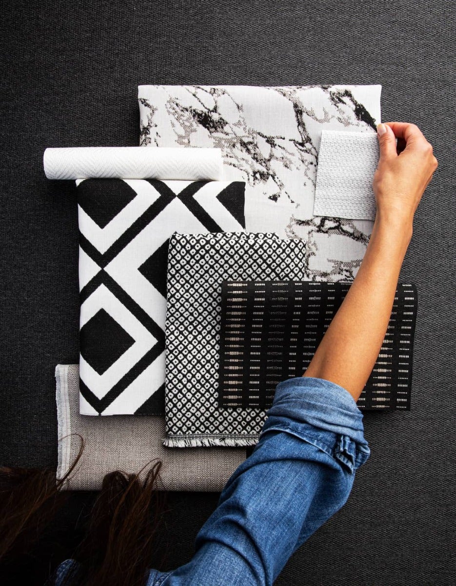 Sunbrella fabrics come in many different scaled prints and patterns to create an interesting black and white design.