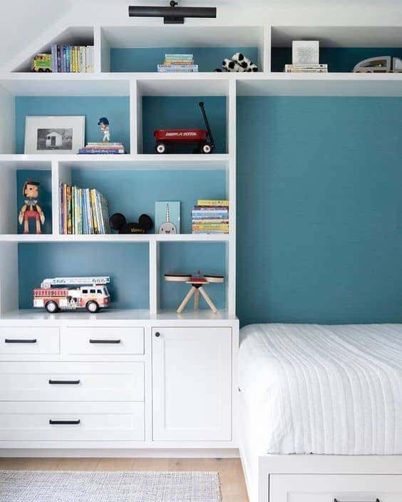 When you don’t have room for a designated catch-all space, DIY shelves in your kids’ rooms can be a great alternative.