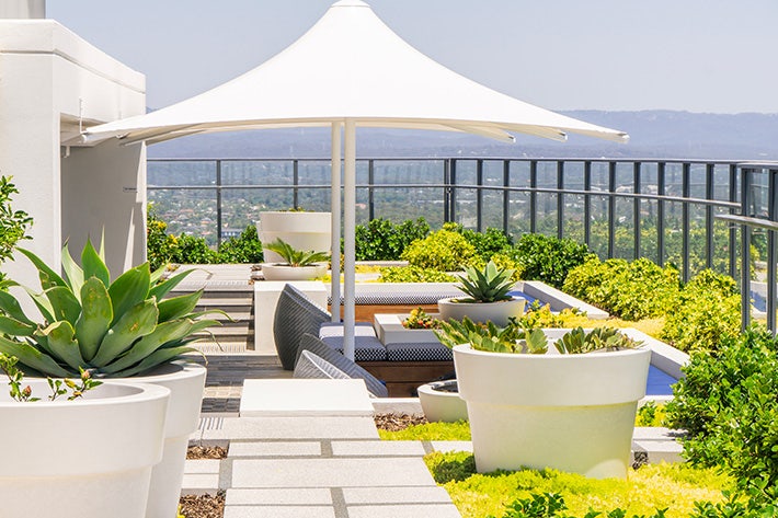 rooftop with white umbrella