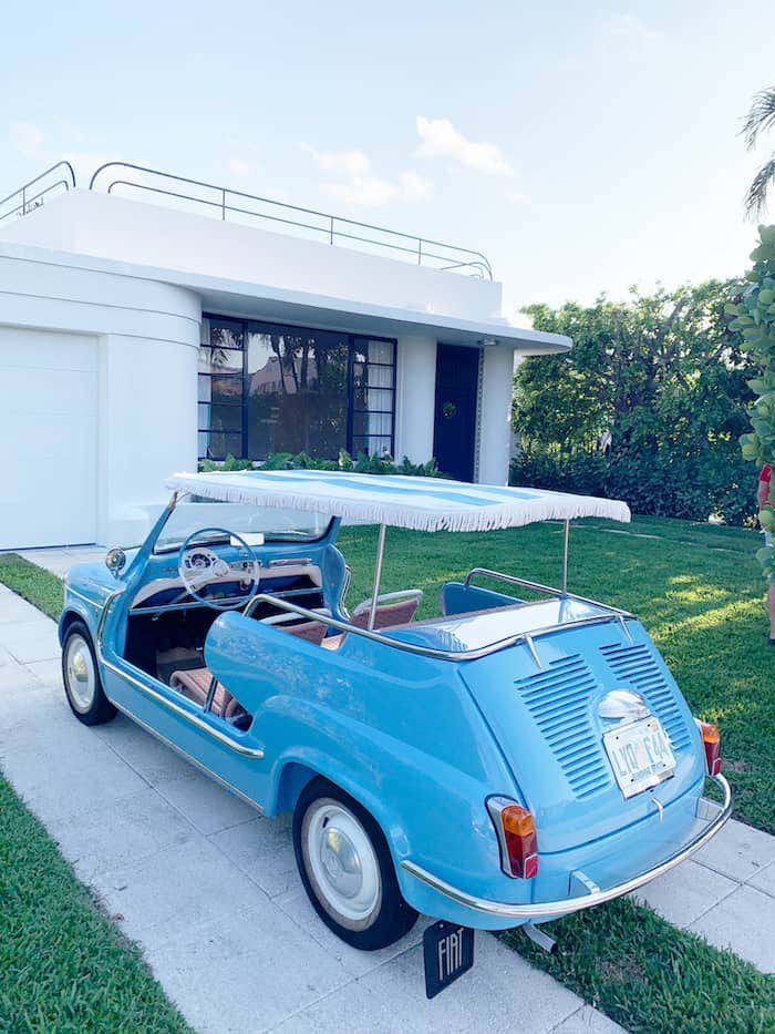 Rollins got creative with her 1970 Fiat Jolly 600, topping it off with a Sunbrella canvas in baby blue and white stripe.