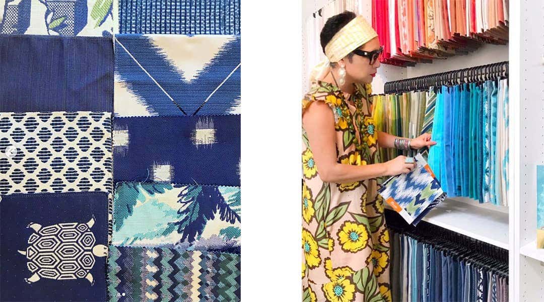 Designer Rachel Moriarty explores near-endless Sunbrella fabric options for inspiration on an upcoming project