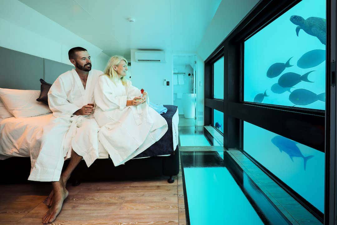 Australias first underwater hotel, Reefworld Pontoon is located on the Great Barrier Reef, offering an up-close view of breathtaking coral and aquatic life.