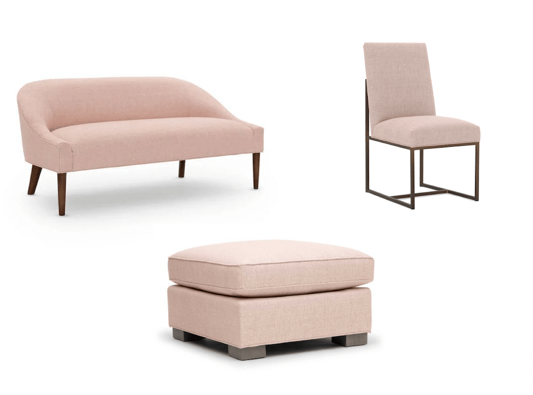 Bella Bedroom Sofa, Gage Low Dining Chair and Carson Ottoman from Mitchell Gold + Bob Williams in Costa – Blush