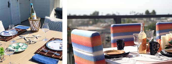 Anne Michaelson incorporates ocean blue and seafoam green tabletop accessories to create a nautical tablescape that is perfect for a small summer get-together. | Rich red and oranges with contrasting sky blues in these Sunbrella upholstered seats create a warm sunset aesthetic in this rooftop table designed by Rachel Moriarty.