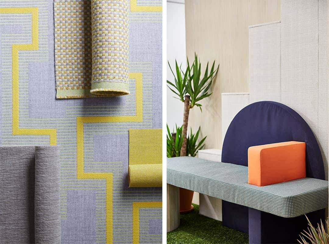 Layers of fabric from the Sunbrella Dimension Collection in colors Smoke and Citronelle