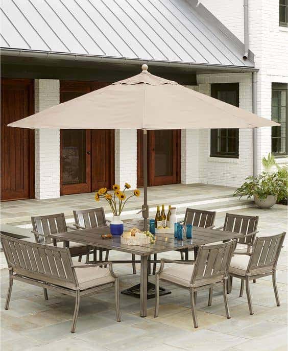 The Wayland Outdoor dining set with Sunbrella fabric cushions from Macy’s brings chic style and everyday luxury to your outdoor space.