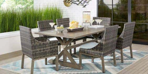 The Montecello Outdoor Dining Set from the Cindy Crawford collection at Rooms to Go offers a comfortable place for gathering outdoors with the everyday luxury of Sunbrella.