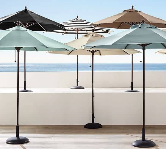 Pottery Barns Round Market Umbrella is the go-anywhere umbrella your patio or pool deck needs this season.