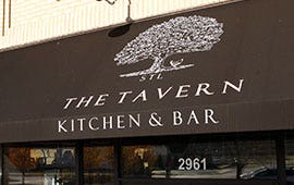 tavern with brown awning with tree illustration