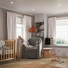 Nursery with window treatments in Serene Linen and Luminos Oatmeal