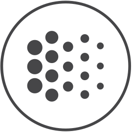 Icon with larger circles on the left moving to smaller circles on the right representing fade proof fabric