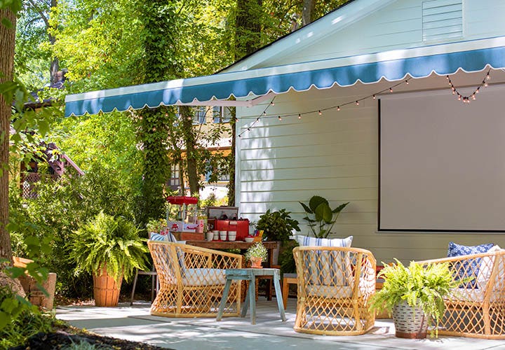 Retractable awning shades relaxing patio