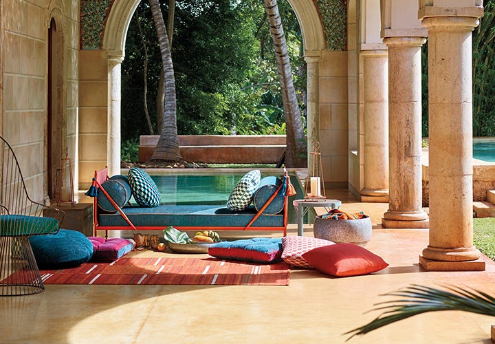 Bright yellow cushions on patio chairs