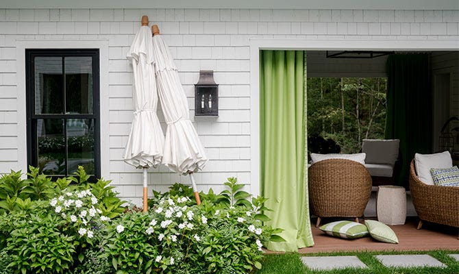 White umbrellas near patio 